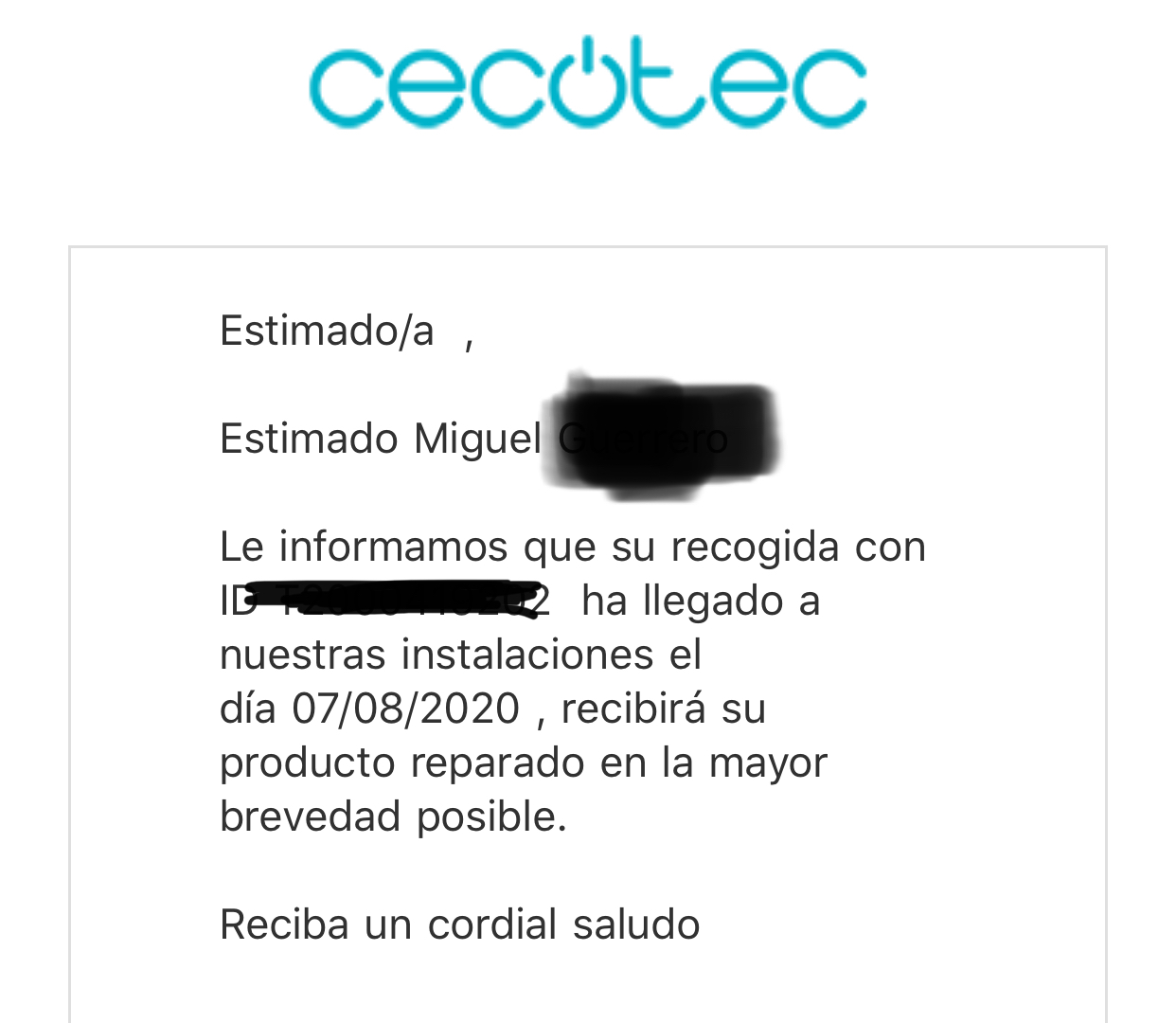 Mensaje de cecotec servicio técnico Conga