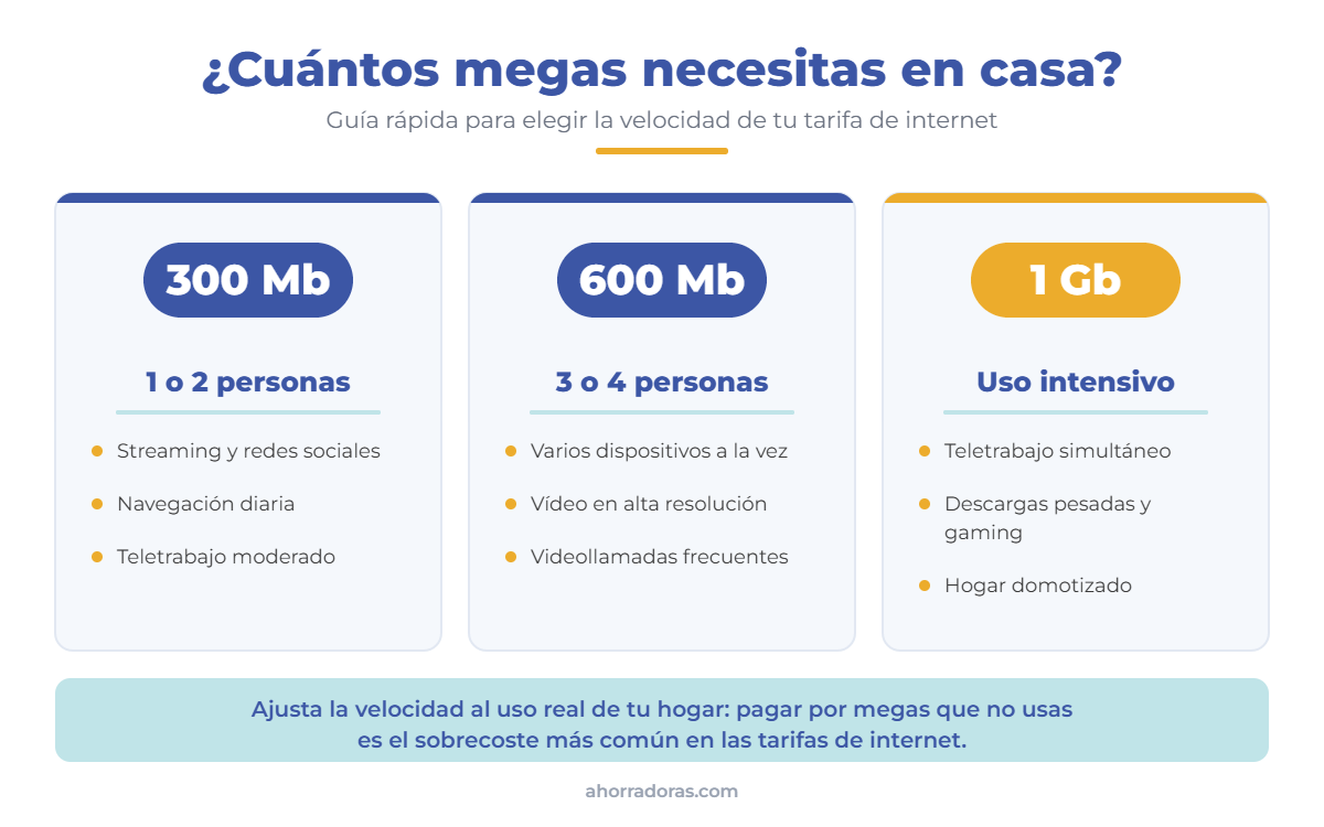 Infografía con las mejores tarifas de internet según los megas que necesitas: 300 Mb, 600 Mb y 1 Gb